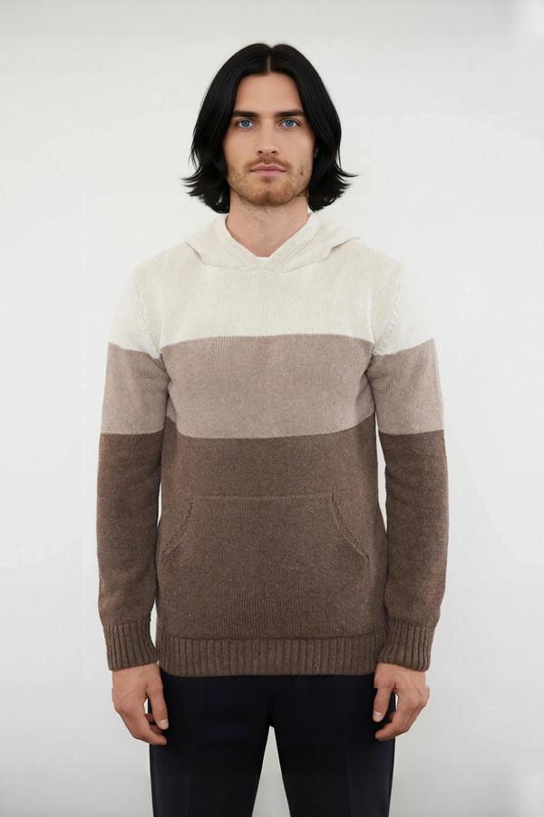 Erkek Regular Kesim Kapüşonlu Renk Bloklu Uzun Kollu Triko Kazak Soğuk Kış Günleri İçin İdeal - Image 1