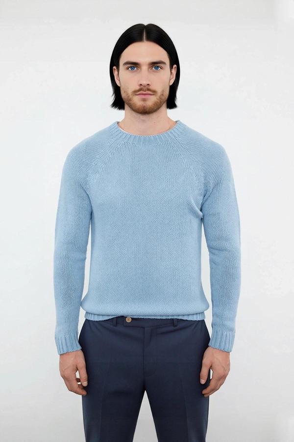 Erkek Mavi Fitted Akrilik Bisiklet Yaka Reglan Kol Basic Triko Kazak Günlük Şıklık Konforu - Image 1