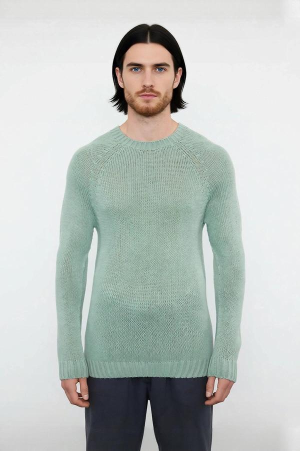 Erkek Mavi Fitted Akrilik Bisiklet Yaka Reglan Kol Basic Triko Kazak Günlük Şıklık Konforu - Image 1