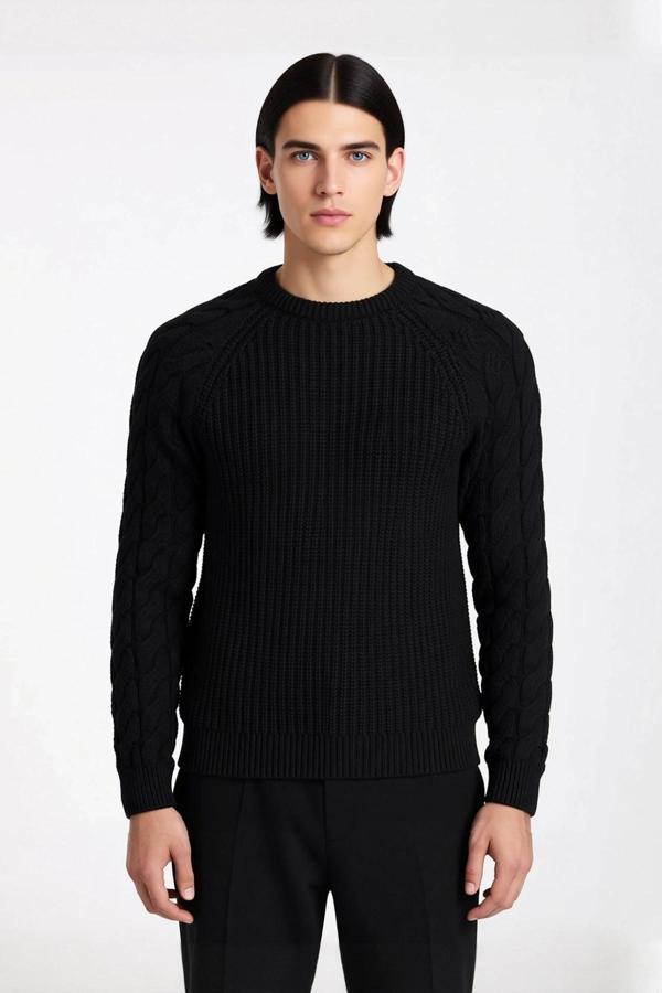 Erkek Regular Fit Bisiklet Yaka Saç Örgü Detaylı Triko Kazak Soğuk Günler İçin Rahatlık Sunar - Image 1