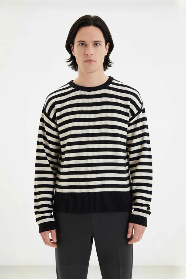 Erkek Günlük Oversize Bisiklet Yaka Çizgili Triko Kazak Standart Uzun Kol Fitilli Dokuma Kaliteli - Image 1