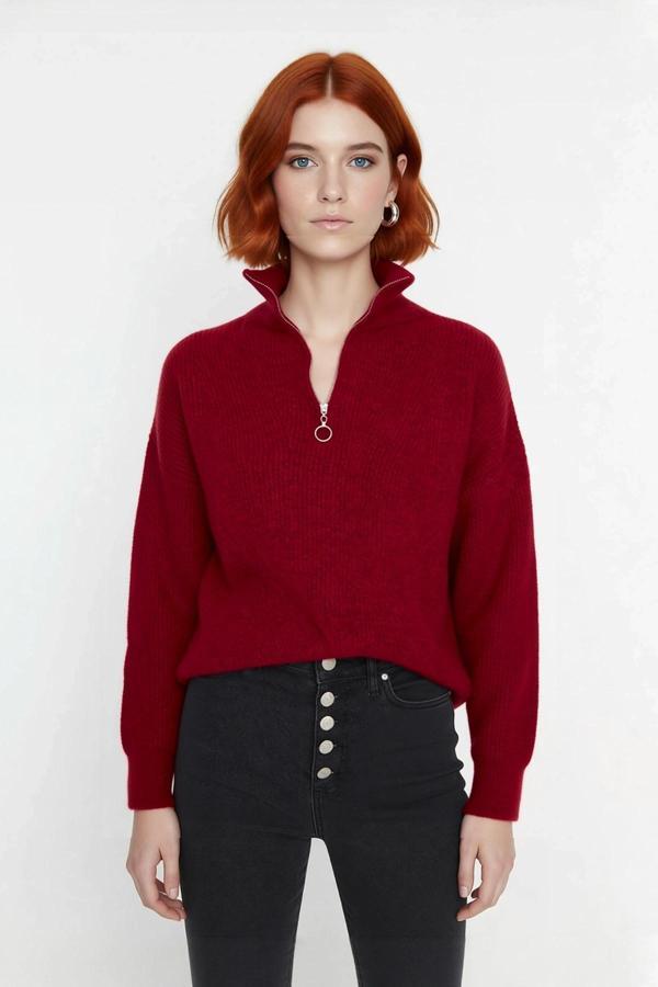 Kadın Oversize Basic Dokulu Uzun Kollu Fermuarlı Dik Yaka Selanik Örgü Triko Kazak Kaliteli - Image 1