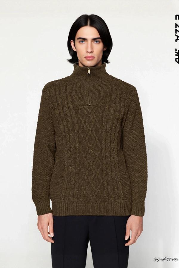 Erkek Regular Kesim Kışlık Triko Kazak Fermuarlı Dik Yaka Saç Örgü Uzun Kollu Rahat Kaliteli - Image 1