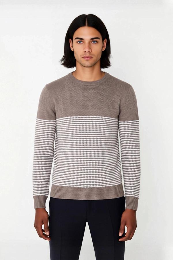 Erkek Bisiklet Yaka Çizgili Triko Kazak Slim Fit Kesimiyle Günlük Stilinize Şıklık Katıyor - Image 1