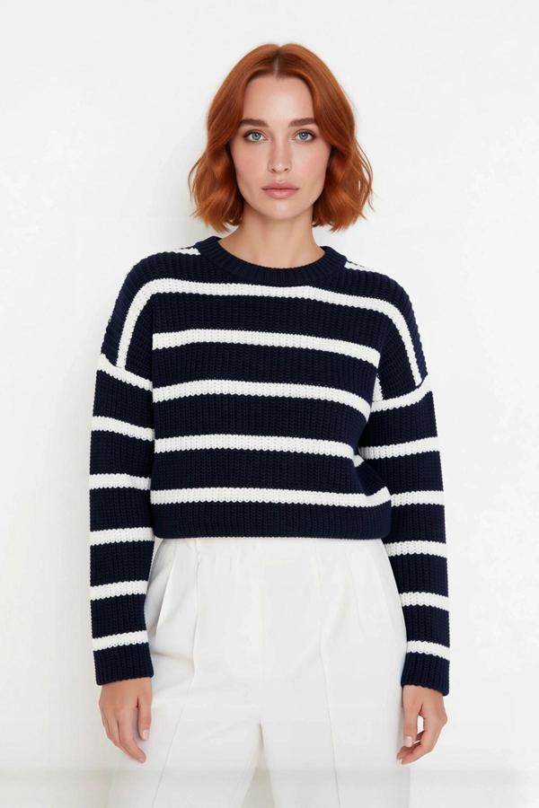 Kadınlara Özel Basic Çizgili Oversize Triko Kazak Bisiklet Yaka Uzun Düşük Kol Kış Şıklığı - Image 1