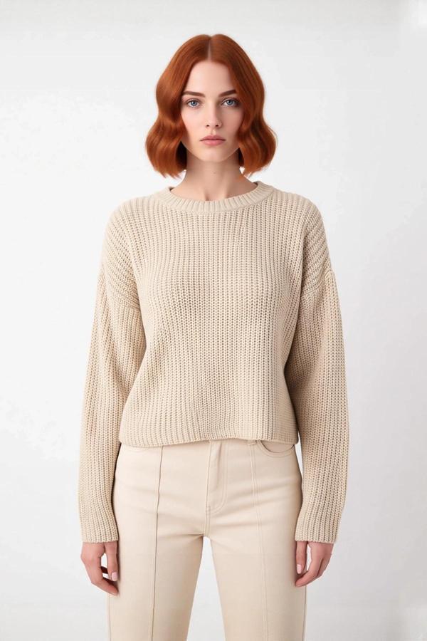 Kadınlara Özel Basic Çizgili Oversize Triko Kazak Bisiklet Yaka Uzun Düşük Kol Kış Şıklığı - Image 1