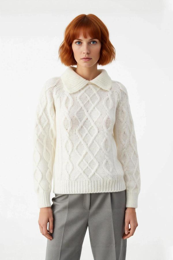 Kadınlar İçin Ekru Casual Gömlek Yaka Saç Örgü Desenli Regular Triko Kazak Sonbahar Kış Kaliteli - Image 1