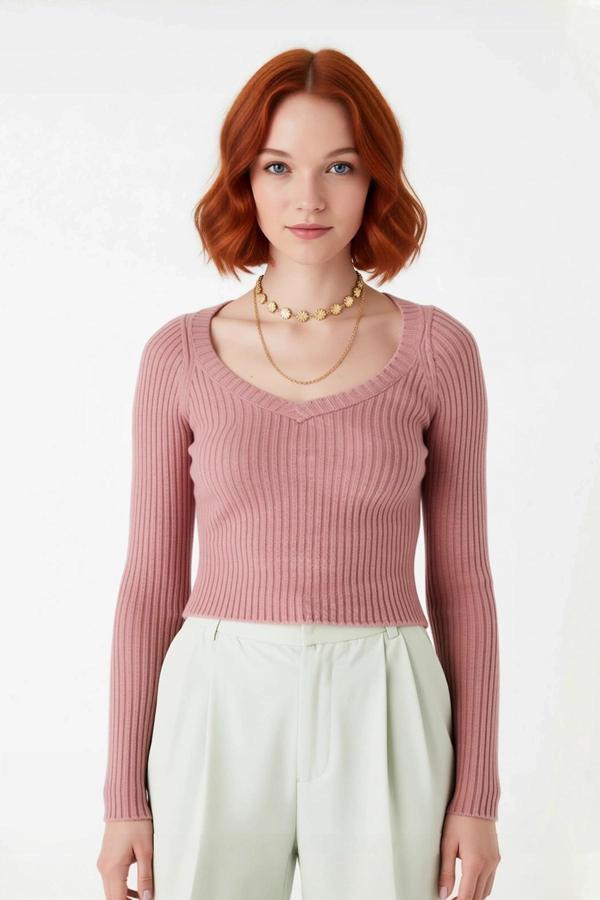 Kadın Akrilik Materyal Düz Desen Uzun Kollu V Yaka Fitted Crop Triko Kazak Kışlık Kombinlerinize - Image 1