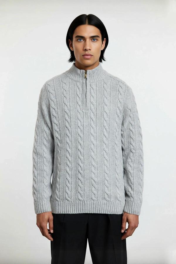 Erkek Regular Fit Fermuarlı Dik Yaka Yünlü Saç Örgü Kazak Kış Aylarında Konfor Ve Şıklık Sunar - Image 1