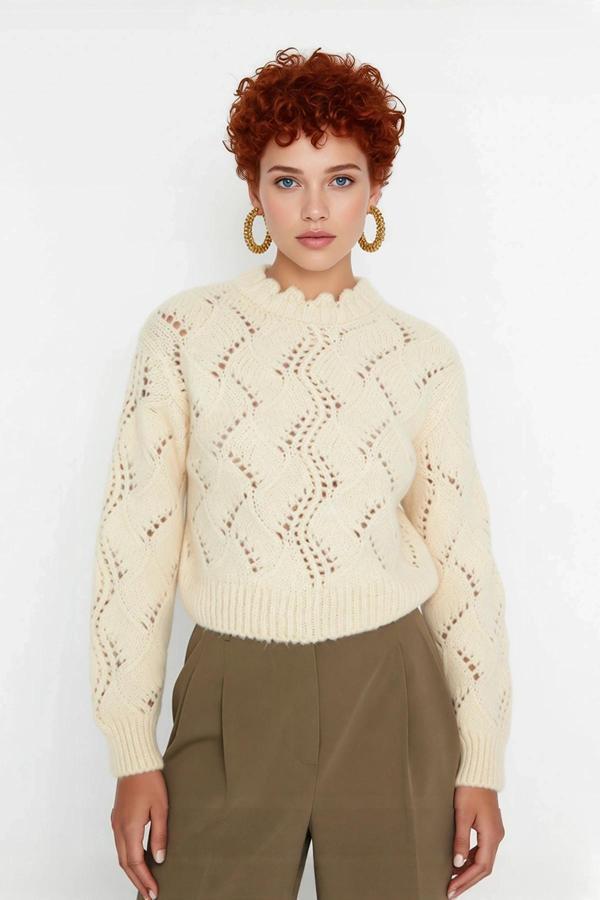 Kadın Ekru Ajurlu Dik Yaka Uzun Kollu Regular Kalıp Süper Crop Triko Kazak İlkbahar Sonbahar Şıklığı - Image 1