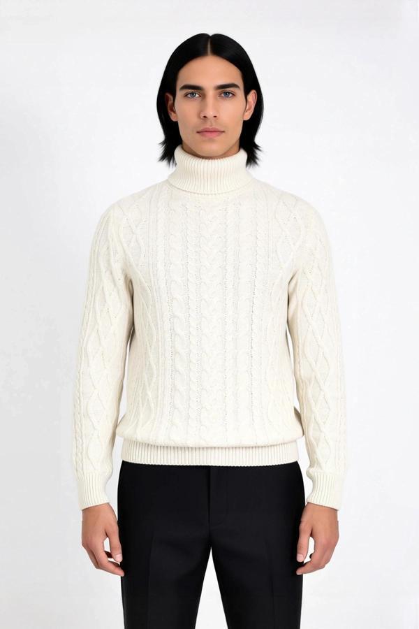 Erkek Balıkçı Yaka Fitted Kalıp Saç Örgü Desenli Kalın Triko Standart Kollu Günlük Kazak Kaliteli - Image 1