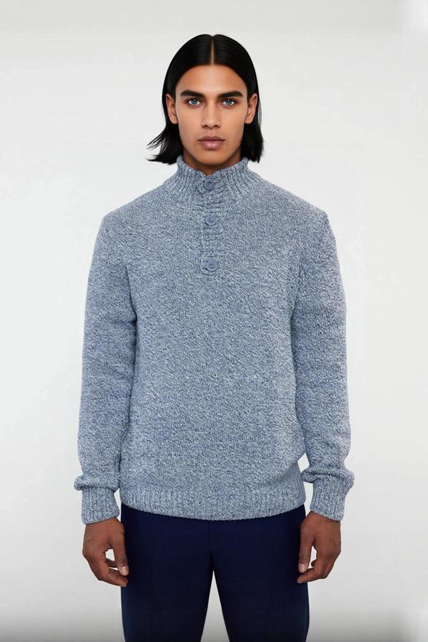 Erkek Modern Düğmeli Dik Yaka Fitted Kalıp Triko Kazak Soğuk Kış Günleri İçin İdeal Şık Seçim - Image 1