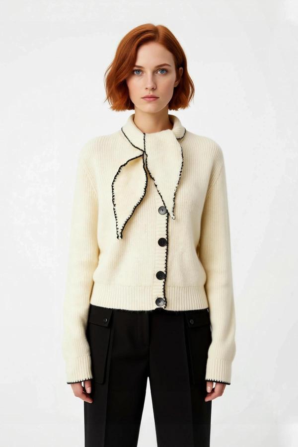 Kadınlara Özel Regular Kesim Fular Yaka Triko Kazak Modern Tek Plaka Dokuma ile Şıklığı Yakalayın. - Image 1