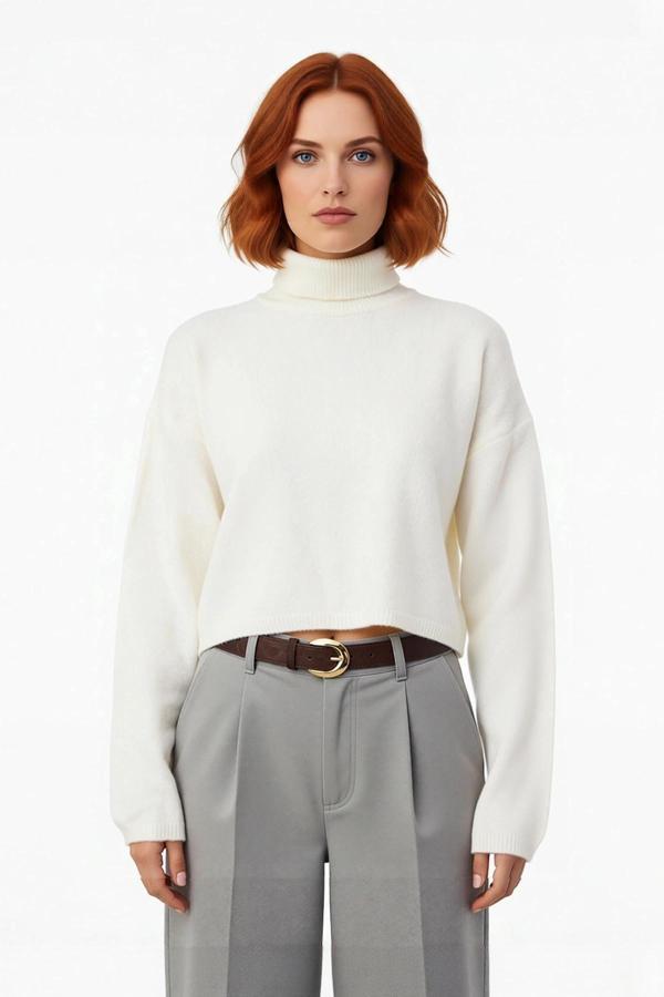 Kadınlara Özel Geniş Kalıp Balıkçı Yaka Triko Kazak Düşük Kol Süper Crop Kışlık Günlük Şıklık - Image 1