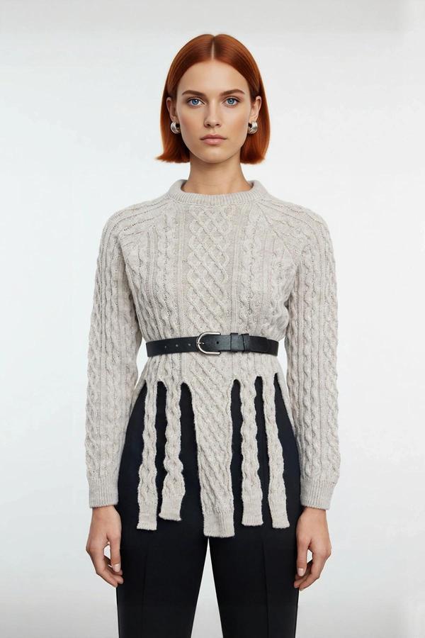 Kadın Akrilik Triko Saç Örgü Bisiklet Yaka Regular Kalıp Kesik Detaylı Uzun Kol Kazak Kış Şıklığı - Image 1