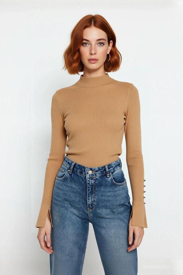 Kadınlar İçin Dik Yaka Uzun Kollu Fitilli Dokuma Fitted Kesim Triko Kazak Günlük Giyim Kaliteli - Image 1