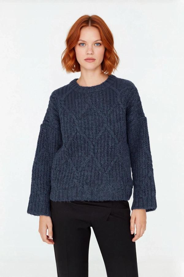 Kadın Kalın Saç Örgülü Oversize Triko Kazak Soğuk Havalar İçin Şık Bisiklet Yaka Standart Kol - Image 1