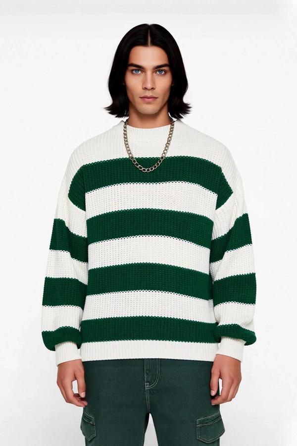 Erkek Basic Koleksiyon Uzun Kollu Rahat Çizgili Bisiklet Yaka Akrilik Oversize Triko Kazak - Image 1