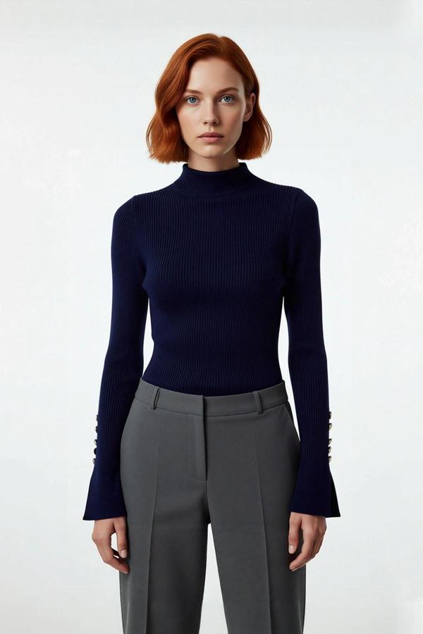 Kadınlar İçin Dik Yaka Uzun Kollu Fitilli Dokuma Fitted Kesim Triko Kazak Günlük Giyim Kaliteli - Image 1