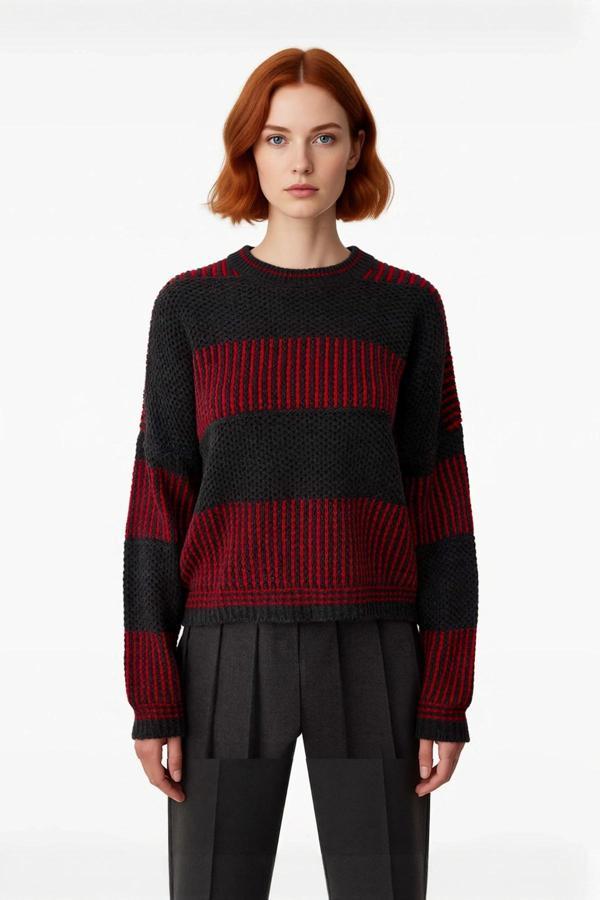 Kadın Rahat Kalıp Düşük Kol Bisiklet Yaka Renk Bloklu Akrilik Triko Kazak Günlük Kullanım Şıklığı. - Image 1