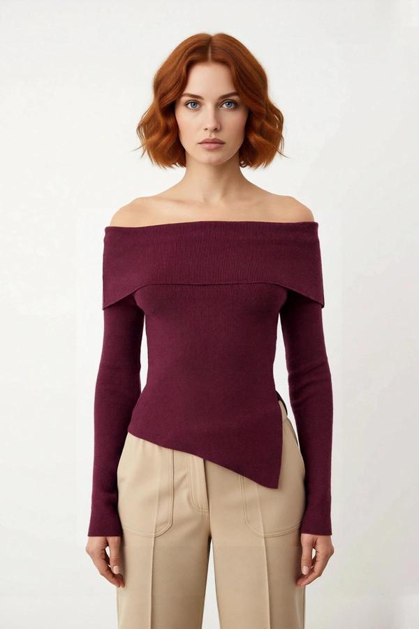 Kadın Fitted Carmen Yaka Düz İnce Triko Bluz Uzun Standart Kol Şık Tasarım Günlük Ve Gece Kombinleri - Image 1