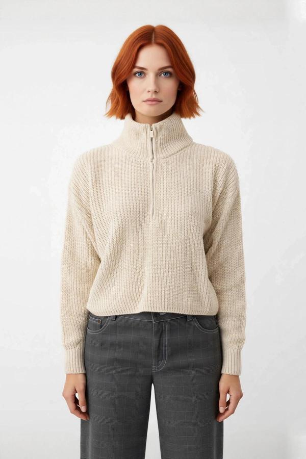 Kadın Basic Oversize Düşük Uzun Kollu Crop Fermuarlı Dik Yaka Triko Kazak Kışlık Rahat Stiller - Image 1