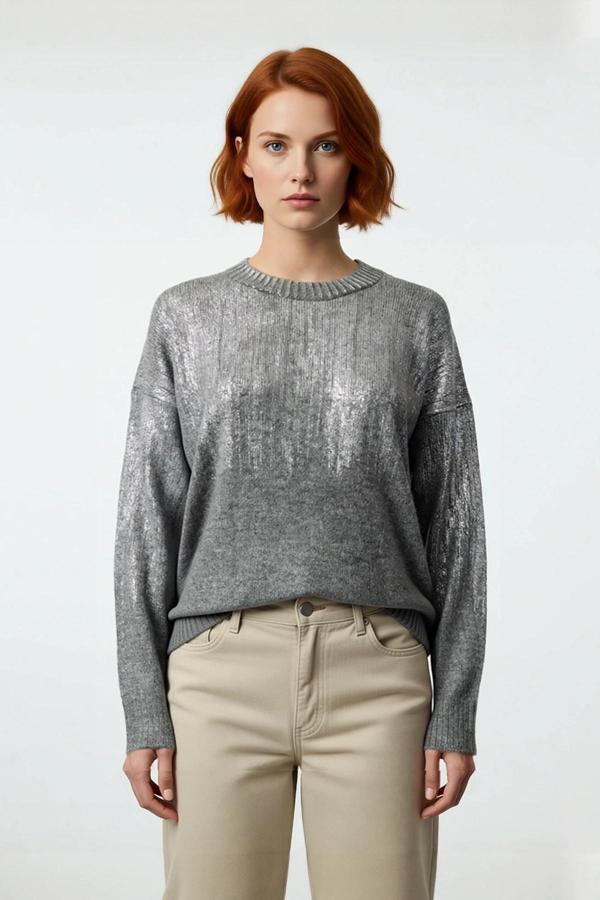 Kadın Oversize Düşük Kol Triko Bisiklet Yaka Gri Metalik Yansımalı Kışlık Kazak Modeli Kaliteli - Image 1