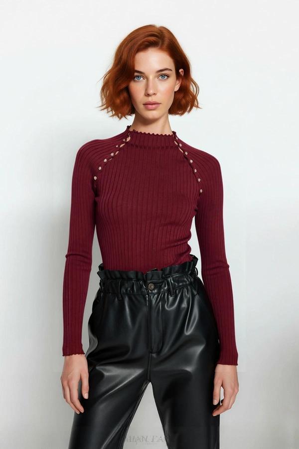 Kadın Basic Siluet Uzun Kol Triko Kazak Modern Dik Yaka Aksesuar Detaylı Gündüz Gece Kaliteli - Image 1