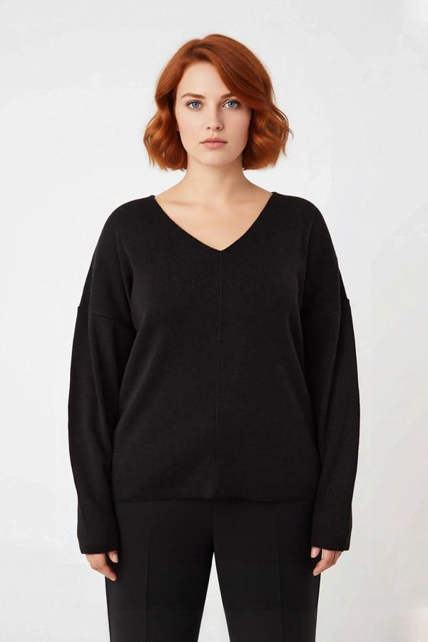 Kadın Casual V Yaka Düşük Kol İnce Triko Kazak Konforlu Akrilik Dokusuyla Sonbahar Kış Şıklığı - Image 1