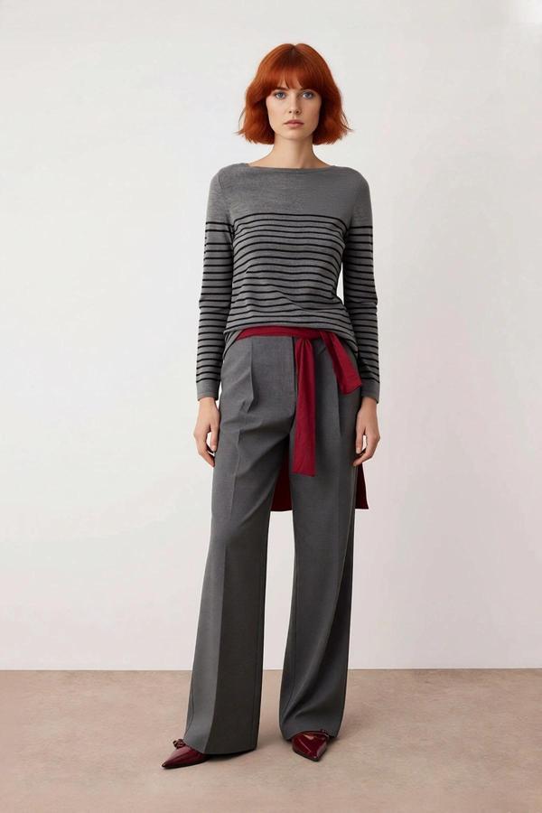 Kadın Basic Regular Kalıp Uzun Kollu Çizgili Bisiklet Yaka Gri Triko Kazak Modeli Kaliteli - Image 1