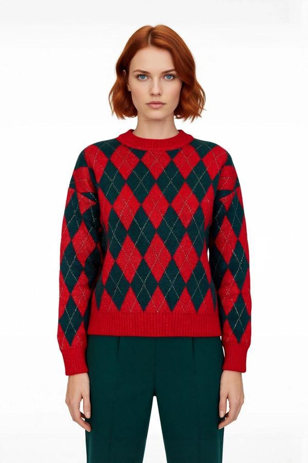 Kadın Cool Comfort Baklava Desenli Kışlık Triko Oversize Uzun Düşük Kollu Bisiklet Yaka Kazak - Image 1