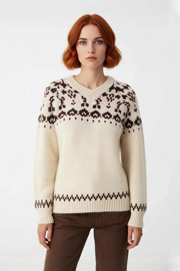 Kadın Geniş Kalıp V Yaka Etnik Desenli Reglan Kol Triko Kazak Günlük Konforlu Şık Kombinler - Image 1