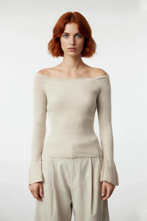 Kadınlar İçin İnce Fitted Carmen Yaka Akrilik Triko Kazak Uzun Kollu Düz Fitilli Tasarım Modelleri - Image 1