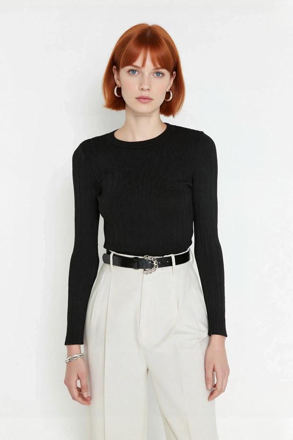 Kadın Basic Fitted Bisiklet Yaka Uzun Kollu Triko Kazak İlkbahar Sonbahar Günlük Stilin Anahtarı - Image 1