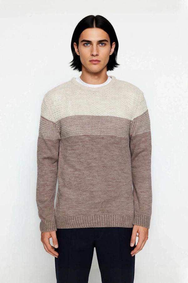 Erkek Basic Kesim Bisiklet Yaka Uzun Kol Renk Bloklu Akrilik Triko Kazak Kış Kombinlerine Özel - Image 1