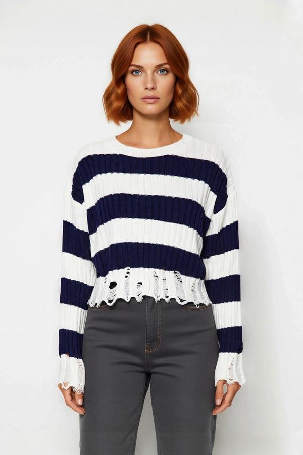 Kadın Basic Çizgili Düşük Kol Akrilik Triko Kazak Crop Kesim Akıtma Detaylı Konforlu Stil Kaliteli - Image 1