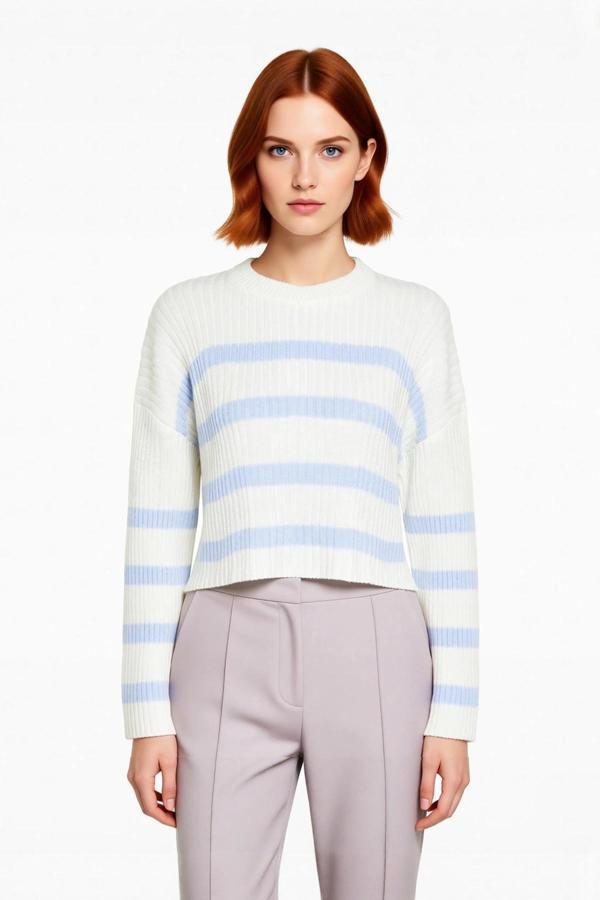 Kadın Gri Çizgili Rahat Kesim Crop Bisiklet Yaka Triko Kazak Düşük Kollu Kışlık Şıklık Kaliteli - Image 1