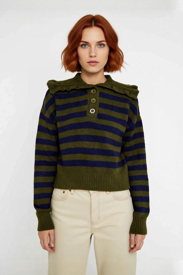 Kadın Orta Kalınlıkta Devrik Yaka Çizgili Düşük Kollu Triko Kışlık Crop Kazak Günlük Şıklık - Image 1