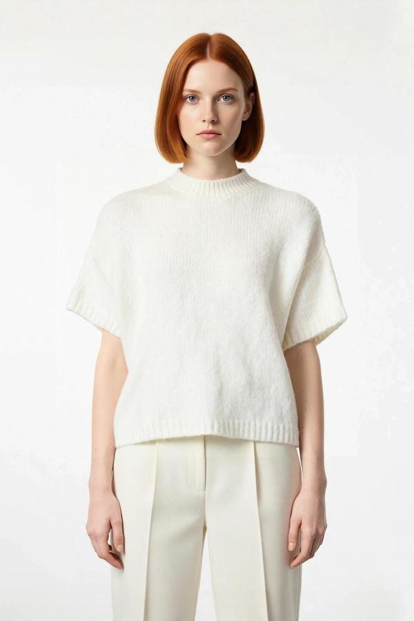 Kadın Geniş Kalıp Basic Dik Yaka Kalın Selanik Dokulu Düşük Kısa Kollu Triko Kazak Günlük Şıklık - Image 1