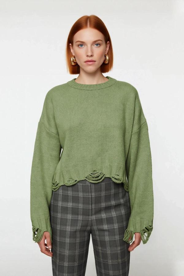 Kadın Casual Crop Oversize Bisiklet Yaka Triko Kazak Düşük Kol Akıtma Detaylı Konforlu Şık - Image 1