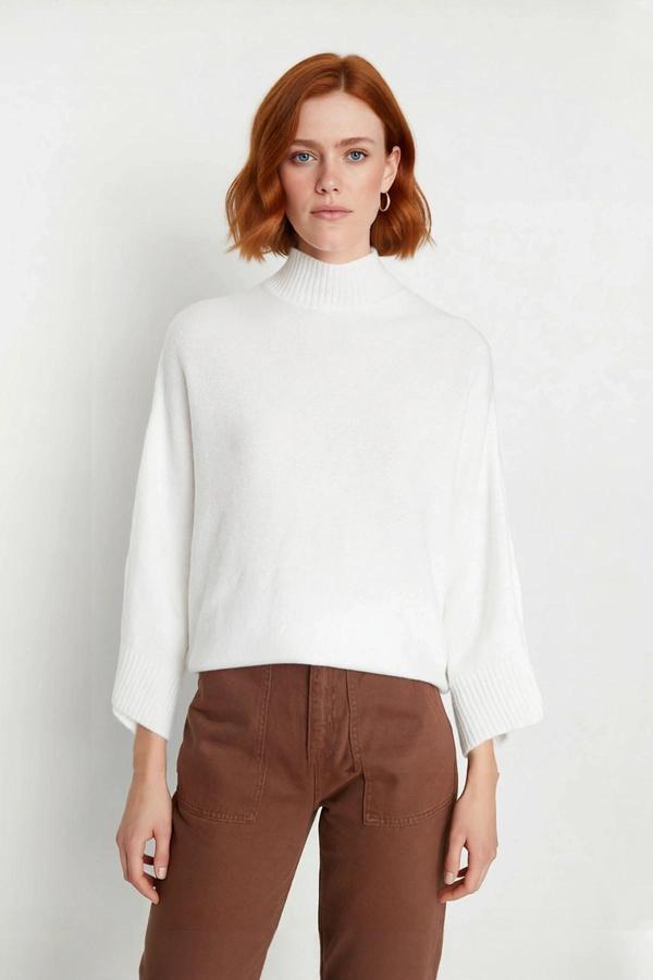 Kadın Oversize Dik Yaka Düz Triko Kazak Uzun Boylu ve Düşük Kollu Kışlık Rahat Günlük Giyim - Image 1