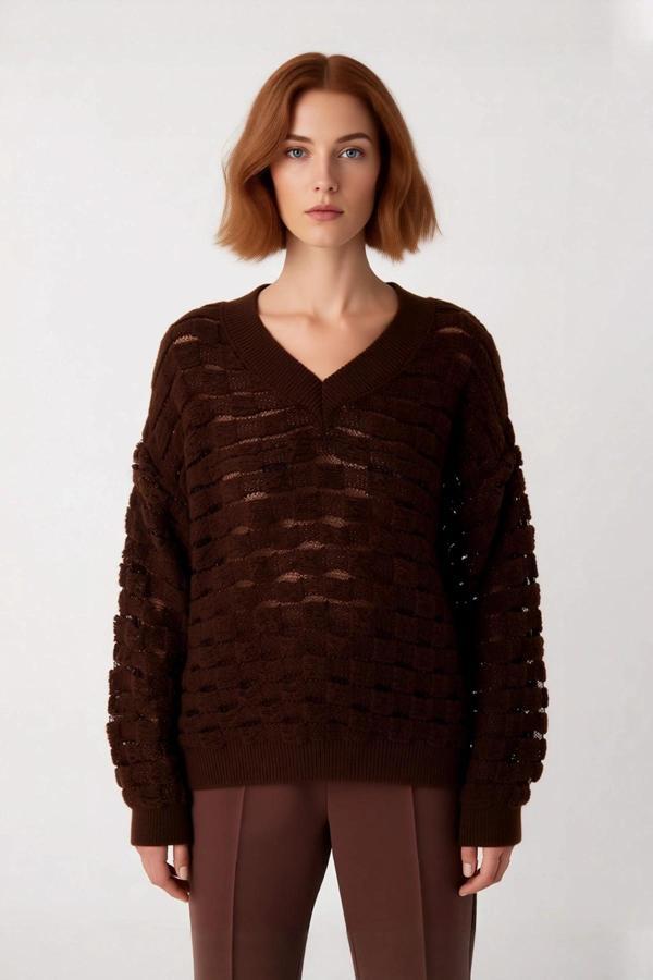 Kadınlara Özel Oversize Dokulu V Yaka Triko Kazak Düşük Kol Rahat Kesim İlkbahar Sonbahar Kaliteli - Image 1