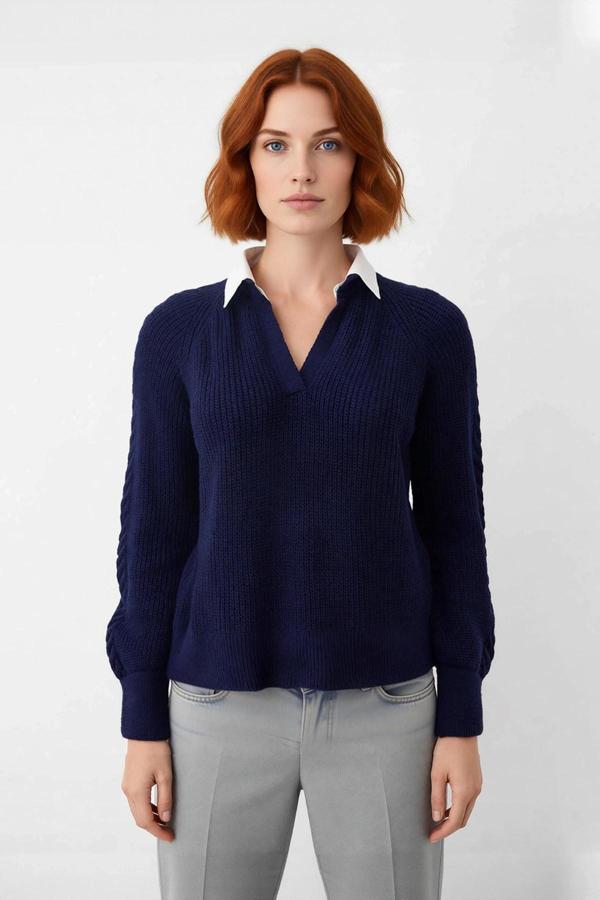 Kadın Lacivert Regular Kalıp Triko Kazak Düşük Kol Gömlek Yaka Saç Örgülü Kışlık Şıklık Kaliteli - Image 1