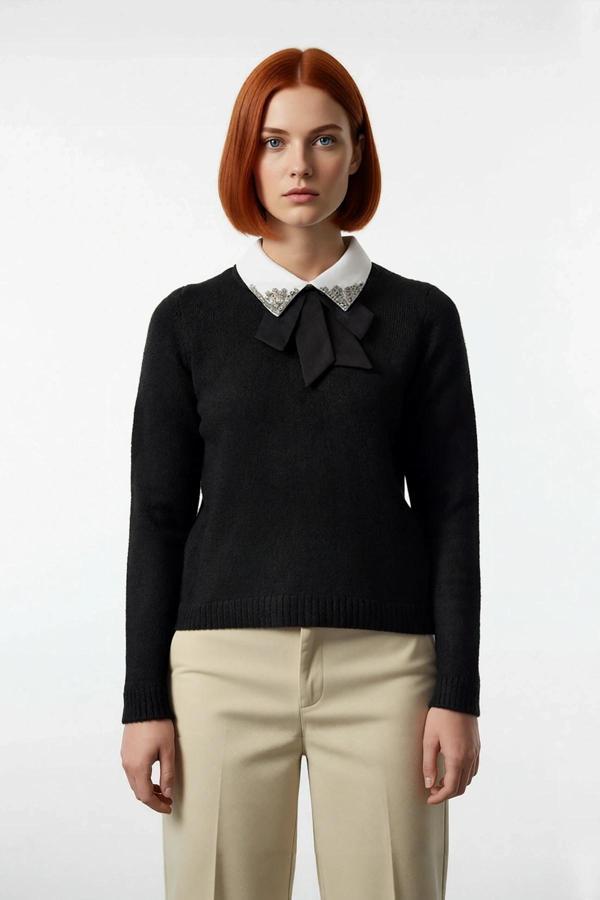 Kadın Gömlek Yaka Görünümlü Nakış Detaylı Triko Kazak Standart Kollu Sonbahar Kış Stili Kaliteli - Image 1