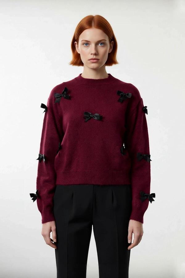 Kadınlara Yönelik Konforlu Regular Kalıp Bisiklet Yaka Triko Kurdele Fiyonklu Uzun Kollu Kazak - Image 1