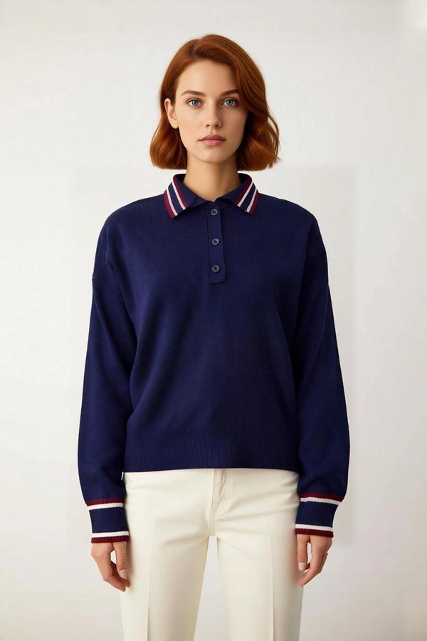 Kadın Oversize Kesim Düşük Kol Polo Yaka Triko Kazak Soğuk Havalarda Şıklığı ve Konforu Bir Arada - Image 1