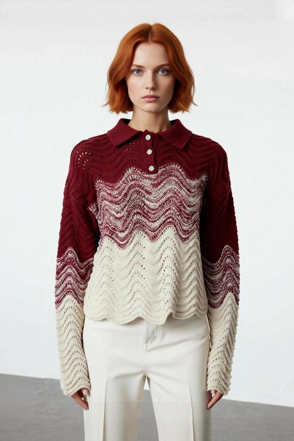 Kadın Renk Bloklu Polo Yaka Uzun Kollu Triko Kazak Basic Crop Kesim Kış Sezonu Konforu Kaliteli - Image 1