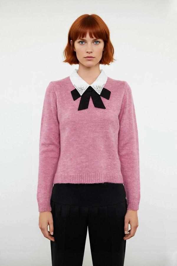 Kadın Gömlek Yaka Görünümlü Nakış Detaylı Triko Kazak Standart Kollu Sonbahar Kış Stili Kaliteli - Image 1