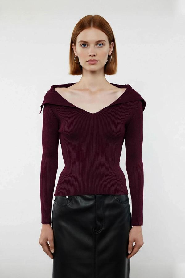 Kadın Şık Devrik Yaka Fitilli Triko Üst Fitted Kesim Uzun Kol Crop Model İlkbahar Sonbahar - Image 1