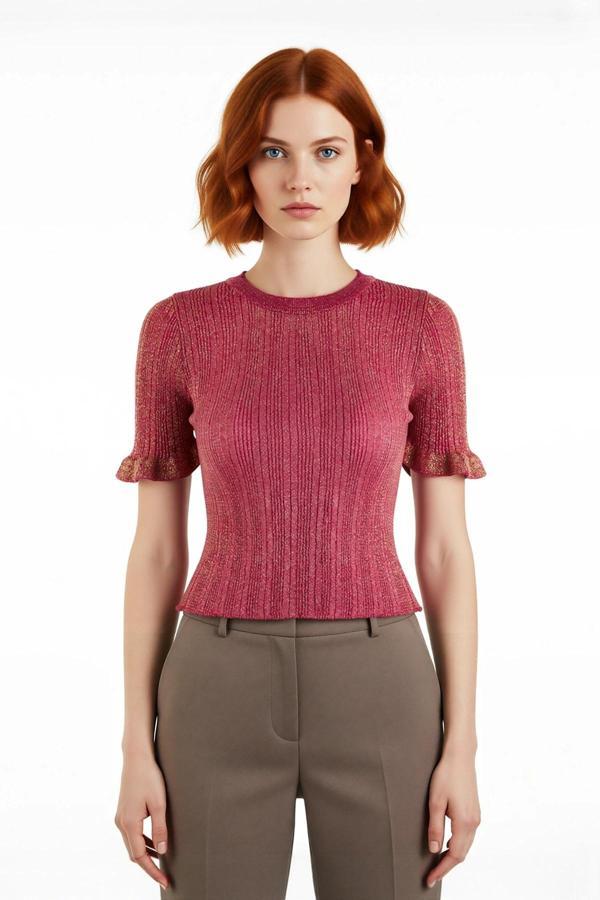 Kadın Bisiklet Yaka İnce Triko Crop Bluz Simli Detaylı Kısa Kollu Günlük Şık Giyim Kaliteli - Image 1